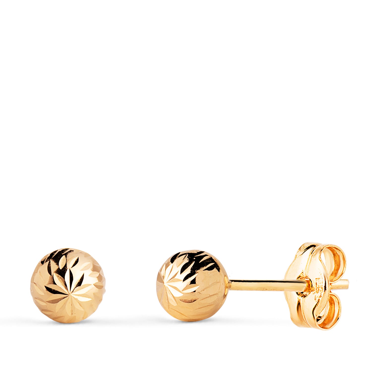 Boucles d'oreilles Or Jaune 18K Boule Creuse Sculptée Largeur : 5 mm Boutons Pression