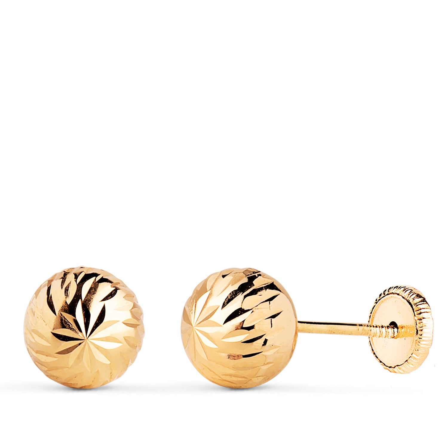 Boucles d'oreilles en Or Jaune 18K Boule Creuse Sculptée Largeur : 7 mm Fermeture à Écrou