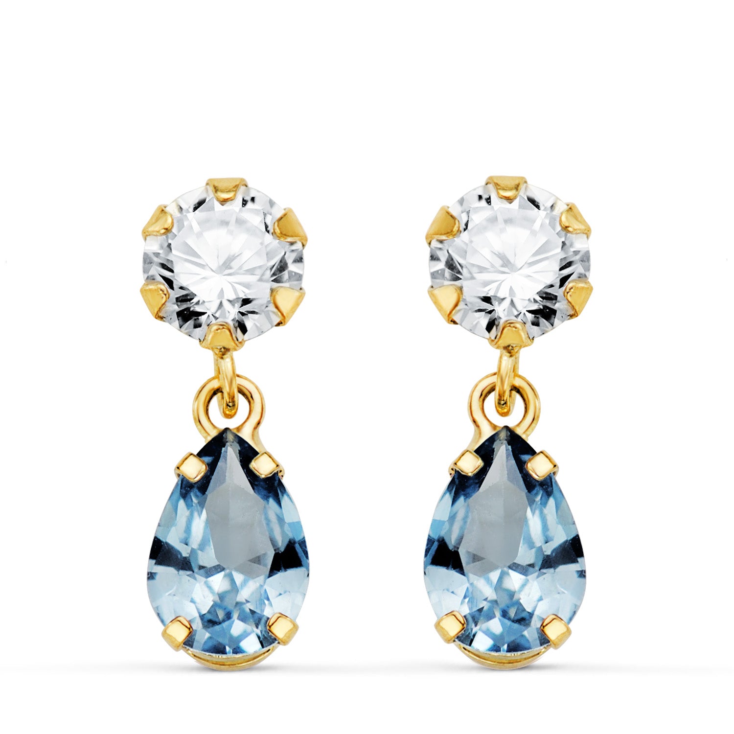 Boucles d'oreilles Or Jaune 18K Deux Corps avec Zircone et Aigue-marine Déchirure 16 X 5MM Fermoir Poussette Papillon