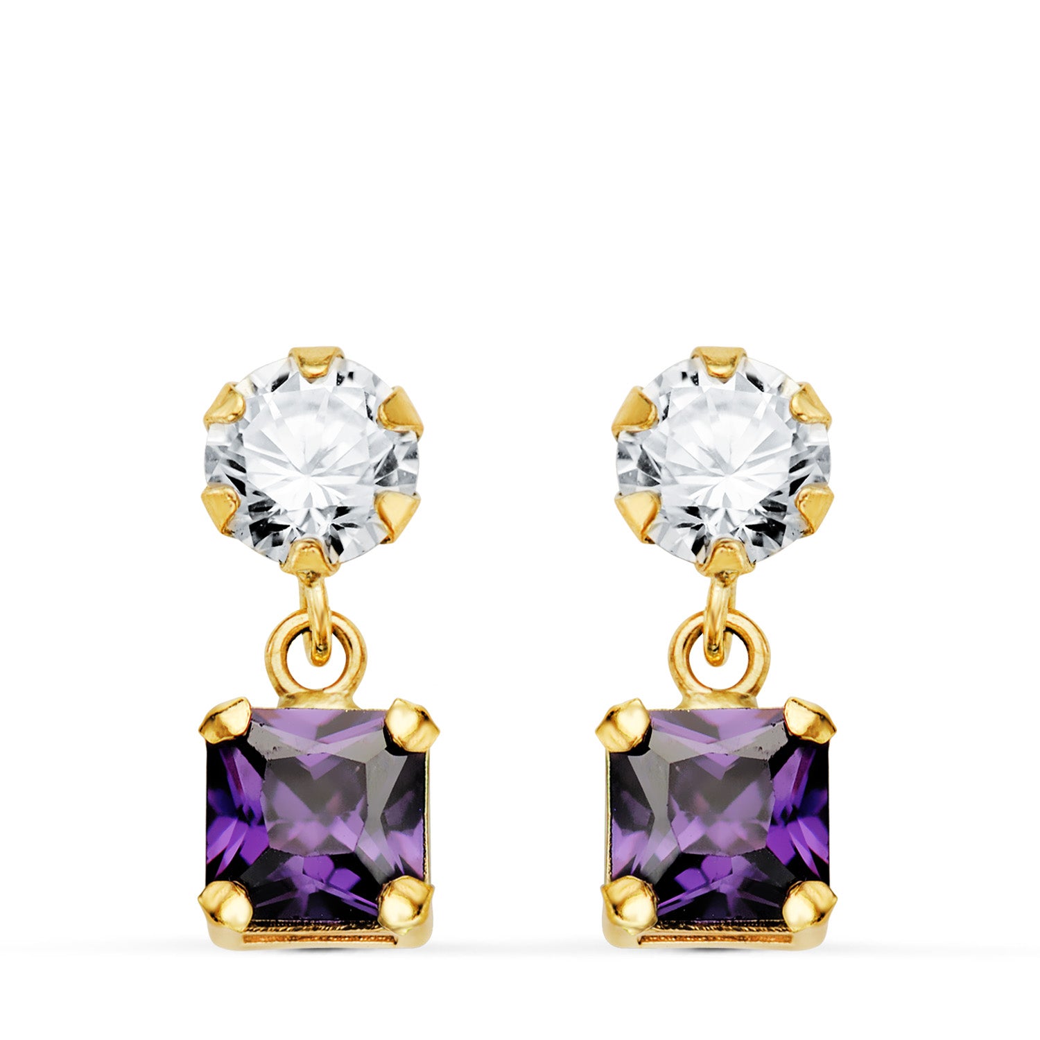 Boucles d'oreilles Deux Corps en Or Jaune 18K avec Zircone et Améthyste Carré 14 X 5MM Fermoir Poussette Papillon