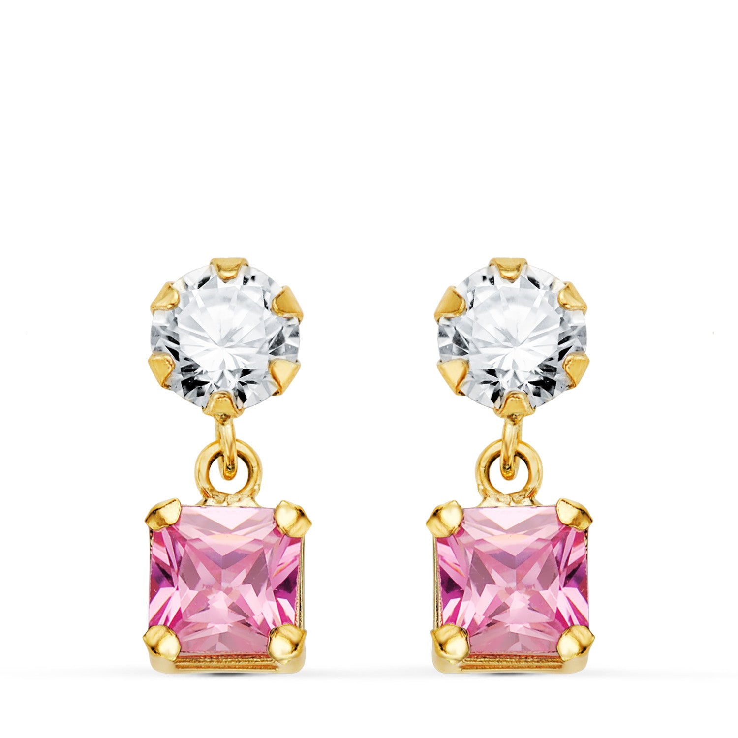 Boucles d'oreilles Or Jaune 18K Deux Corps avec Zircone et Pierre Rose Carré 14 X 5MM Fermoir Poussette Papillon