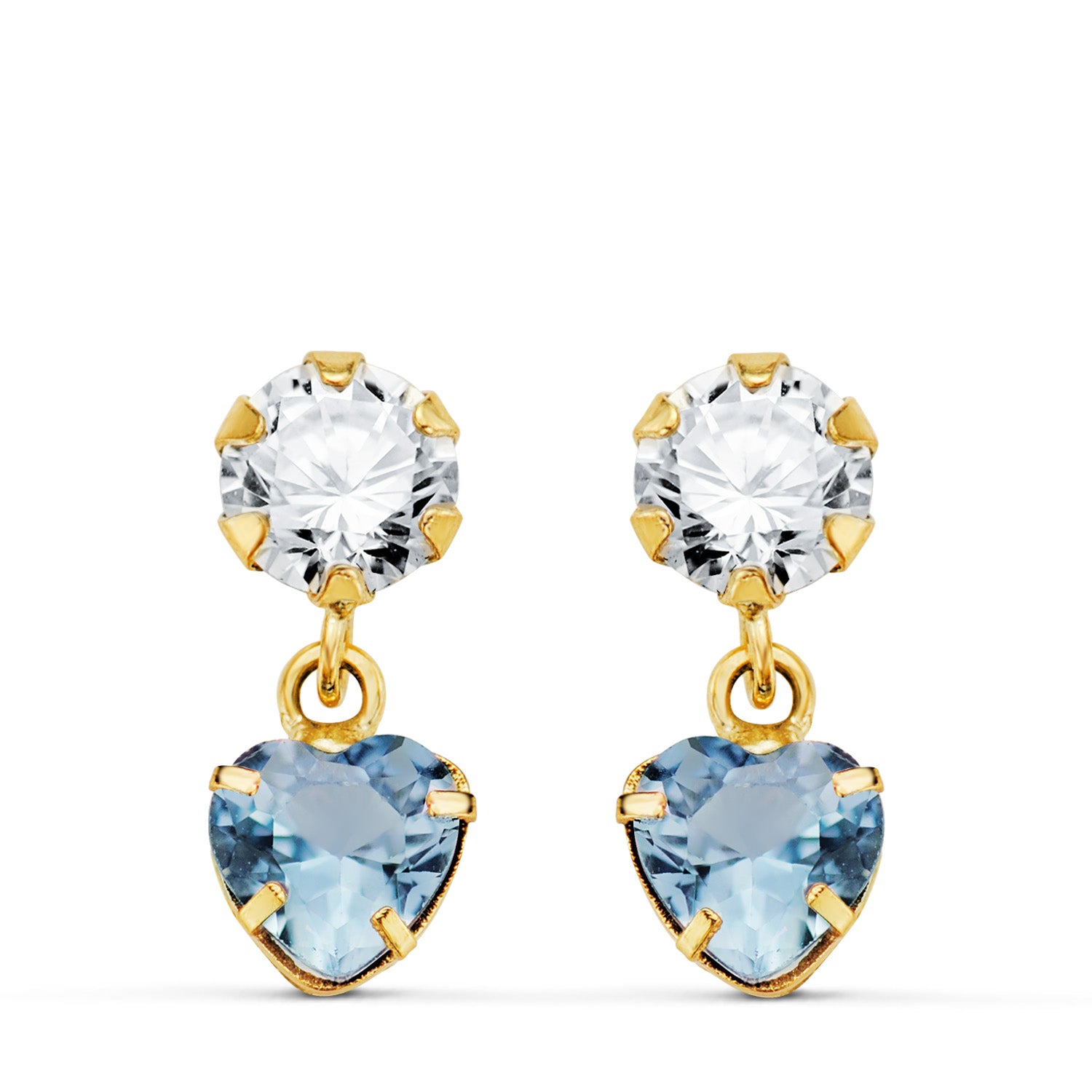 Boucles d'oreilles Or Jaune 18K Deux Corps avec Zircone et Coeur Aigue-marine 14 X 5MM Fermoir Poussette Papillon