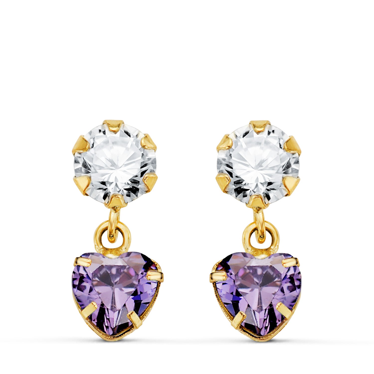 Boucles d'oreilles Or Jaune 18K Deux Corps avec Zircone et Coeur Daméthyste 14 X 5MM Fermoir Poussette Papillon