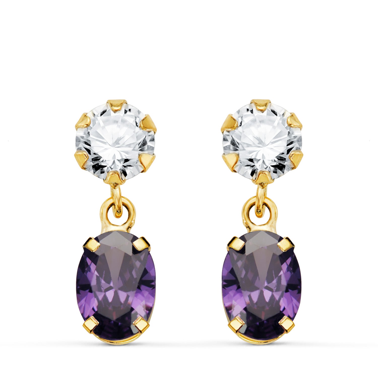Boucles d'oreilles en Or Jaune 18K Deux Corps avec Zircone et Améthyste Ovale 16 X 5MM Fermoir Poussette Papillon
