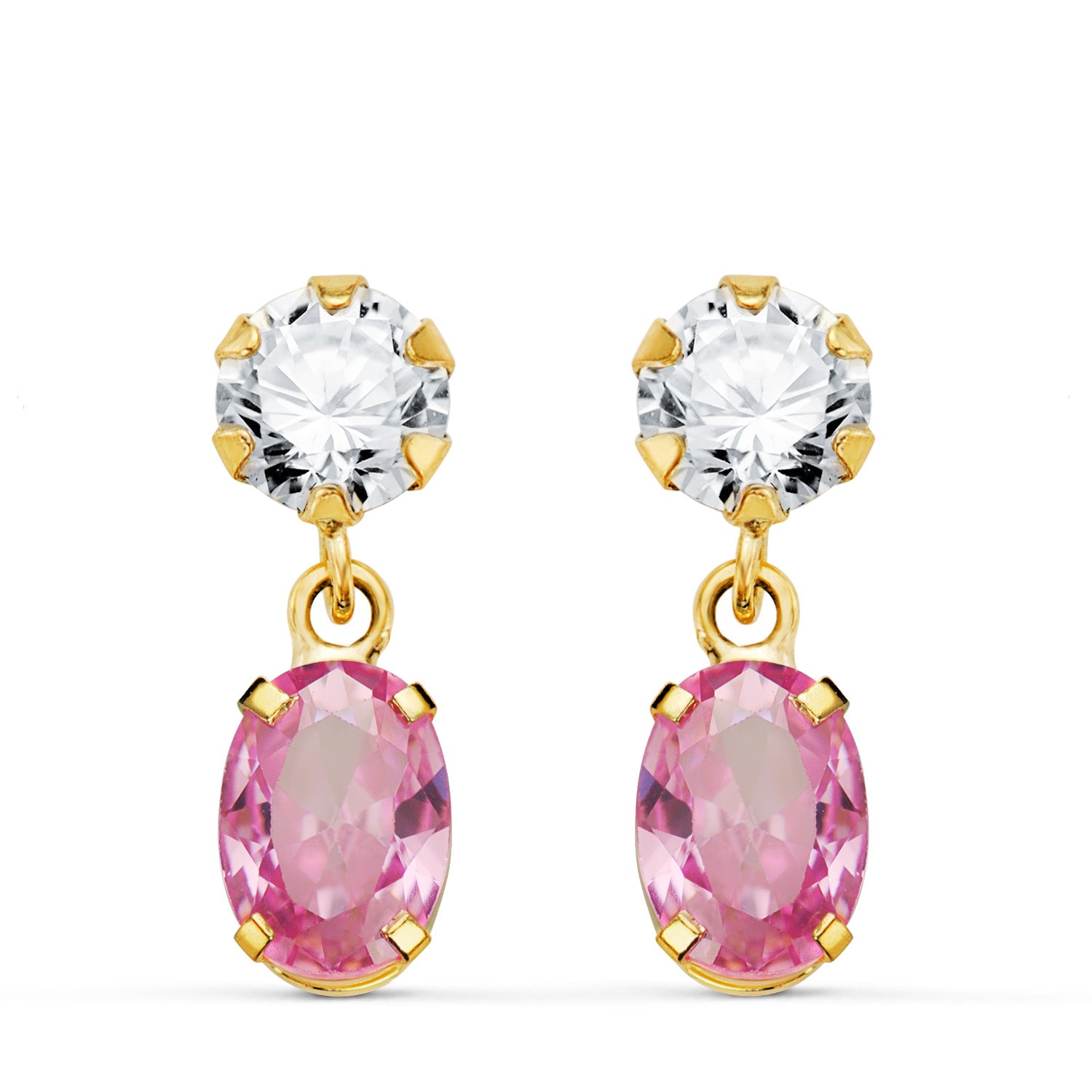 Boucles d'oreilles en Or Jaune 18K Deux Corps avec Zircone et Pierre Rose Ovale 16 X 5MM Fermoir Poussette Papillon