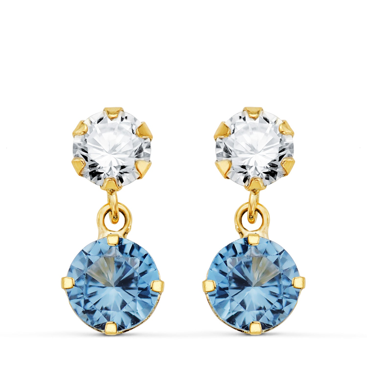Boucles d'oreilles en Or Jaune 18K Deux Corps avec Zircone et Aigue-marine Ronde 15 X 6MM Fermoir Poussette Papillon