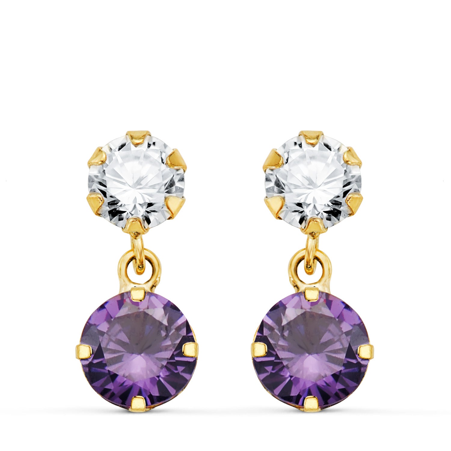 Boucles d'oreilles Or Jaune 18K Deux Corps avec Zircon Cubique et Améthyste Ronde 15 X 6 mm Fermoir Poussettes Papillon
