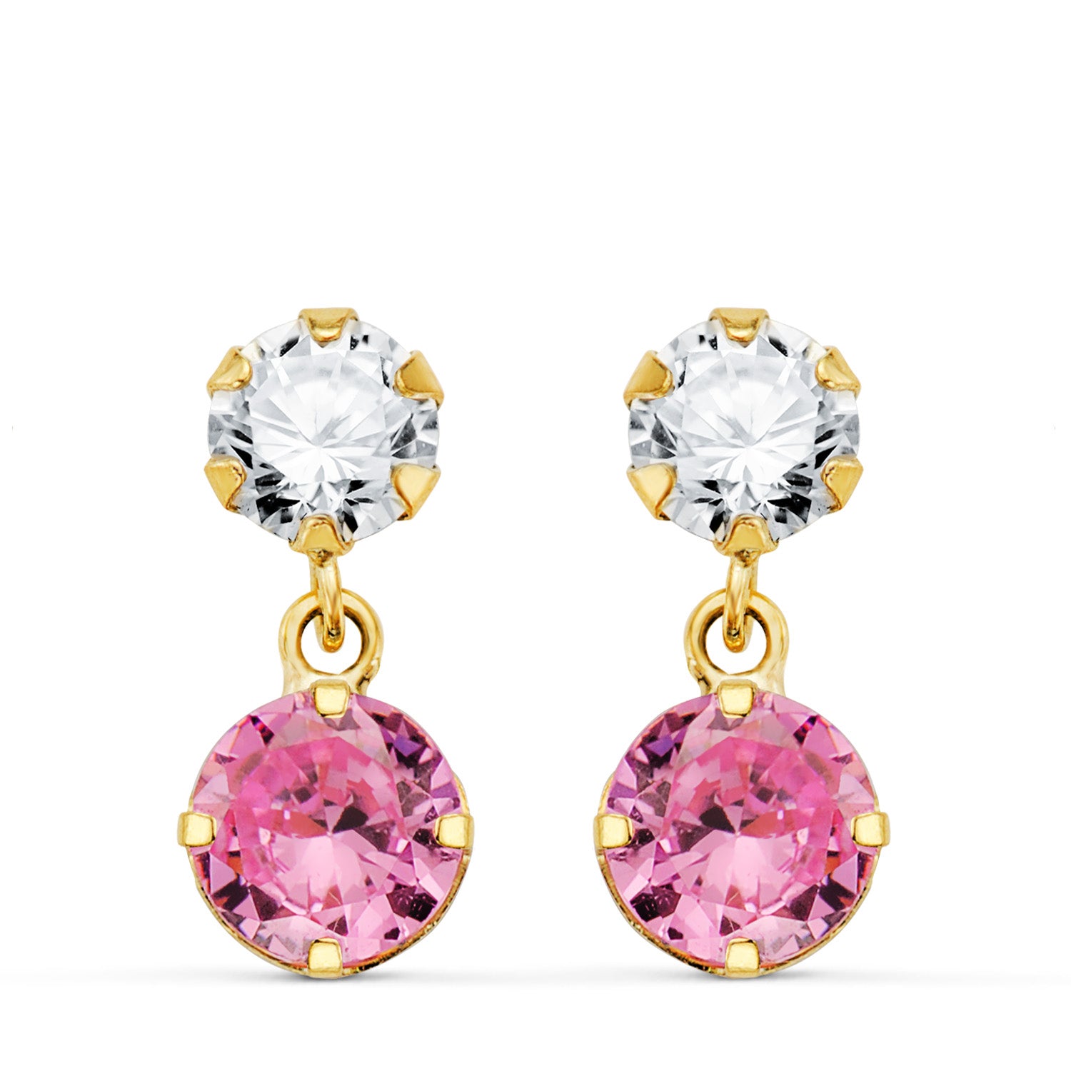 Boucles d'oreilles en Or Jaune 18 Carats à Deux Corps avec Circonite et Pierre Rose Ronde 15 X 6 Mm. Fermeture à Pression