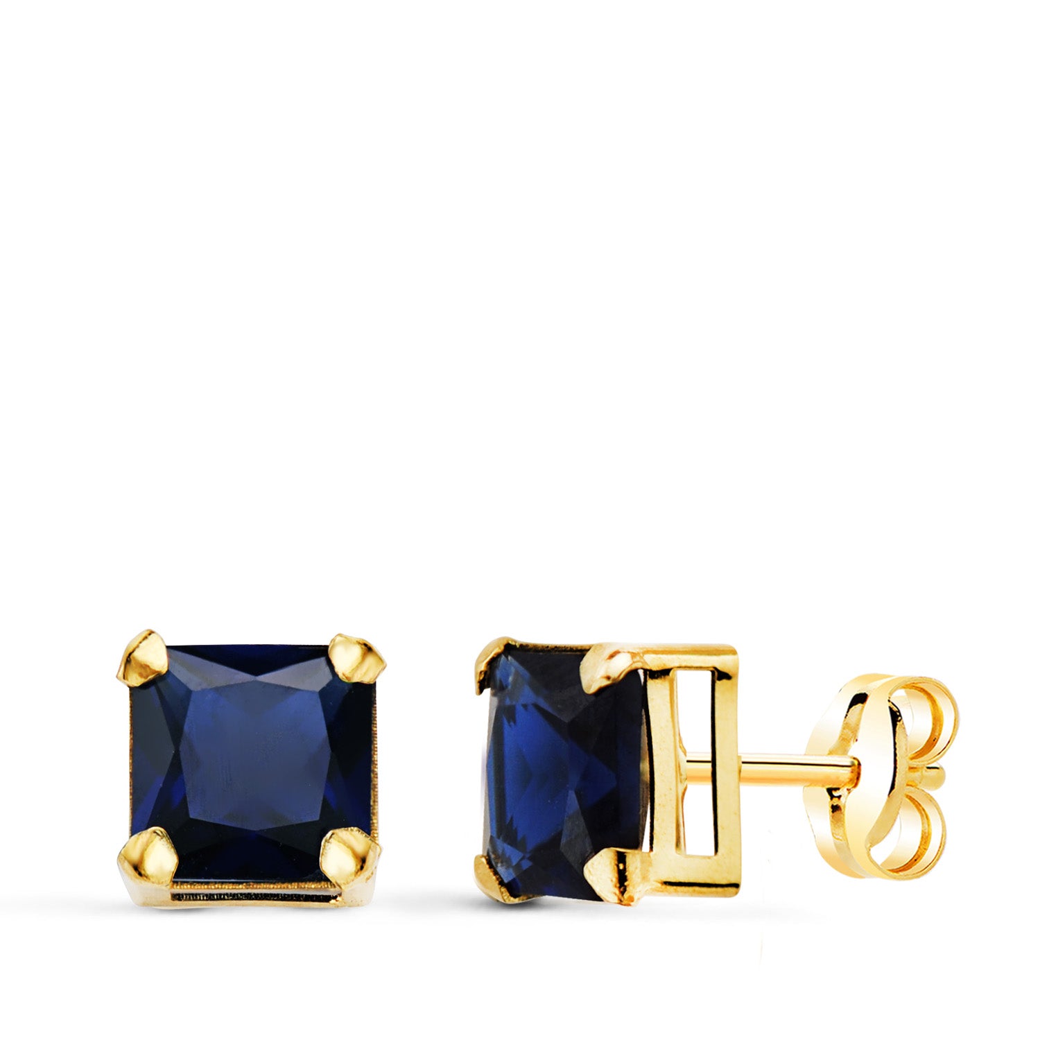 Blue Stone Square Earrings 18K Yellow Gold 6 X 6 mm Butterfly Stroller Clasp