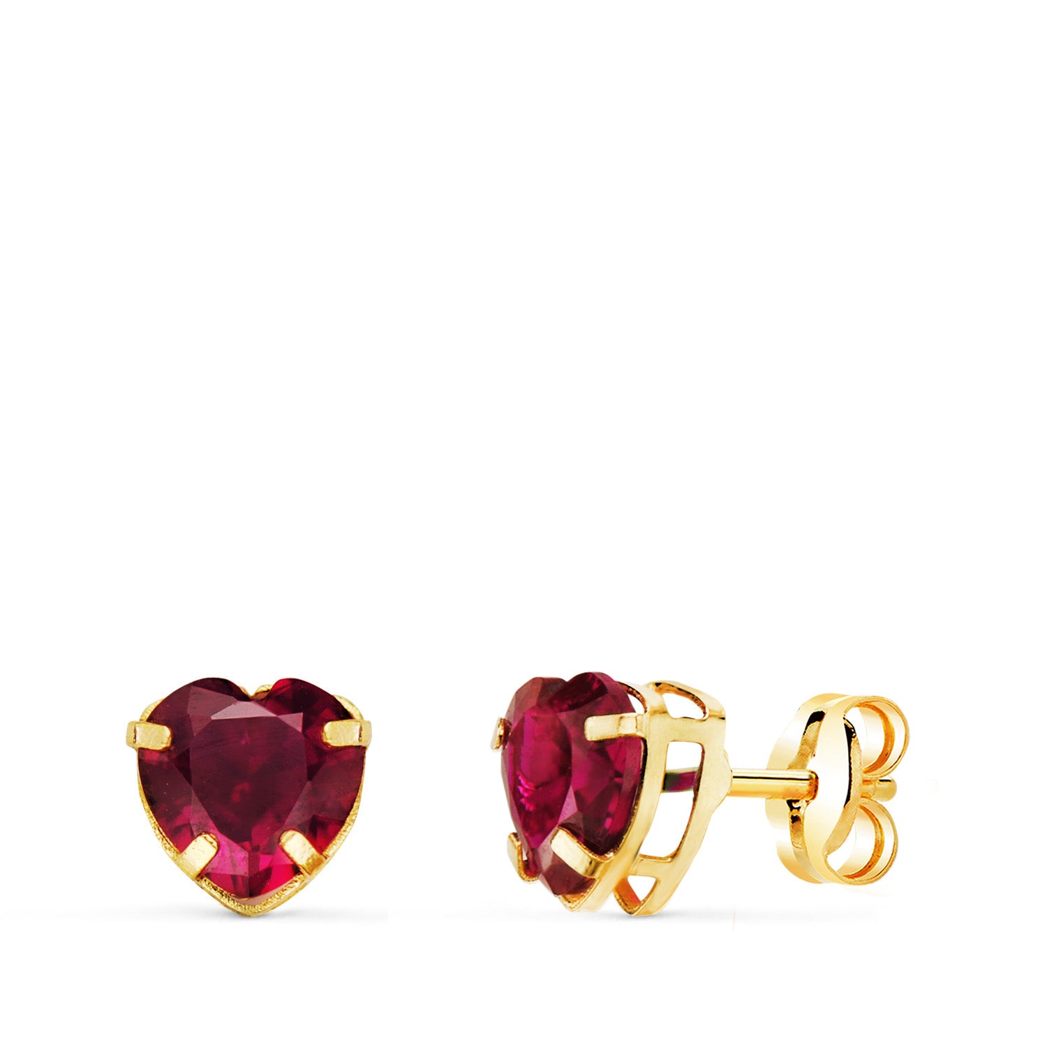 Boucles d'oreilles Or Jaune 18K avec Coeur en Pierre Rouge 6 X 6 mm Fermoir Poussette Papillon