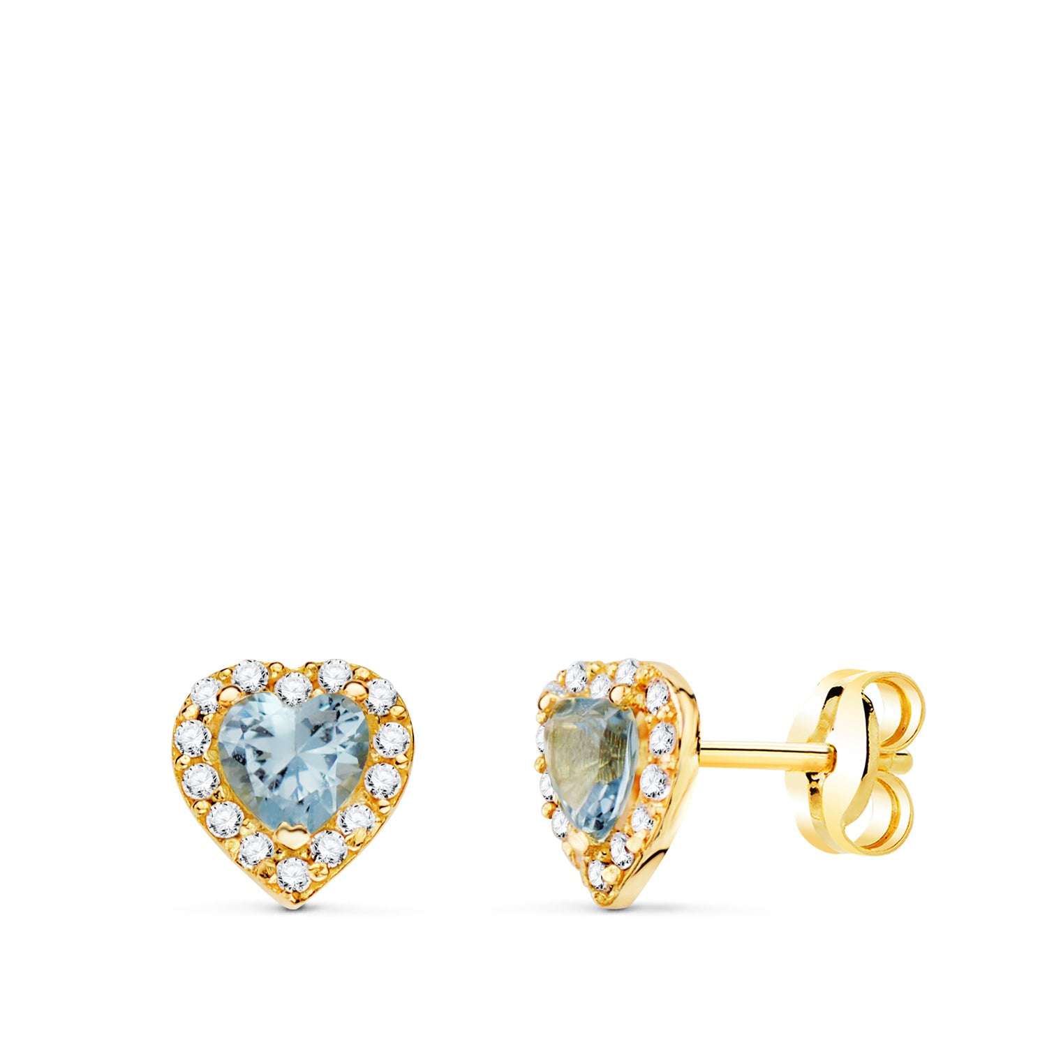 Boucles d'oreilles Or Jaune 18K avec Zircone Coeur et Eau de Mer 6,5 X 6,5 mm Fermoir Poussette Papillon