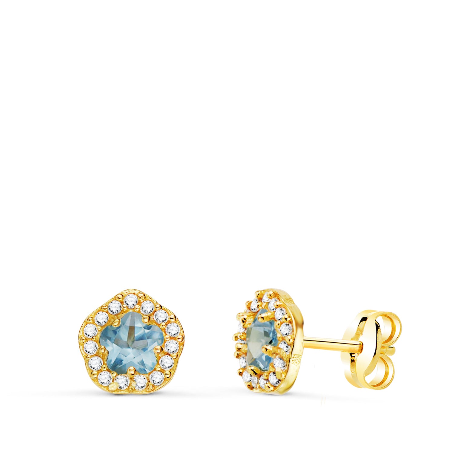 Boucles d'oreilles Or Jaune 18K Fleur Zircone et Eau de Mer 7 X 6,5 mm Fermoir Fermoir Pousseettes Papillon