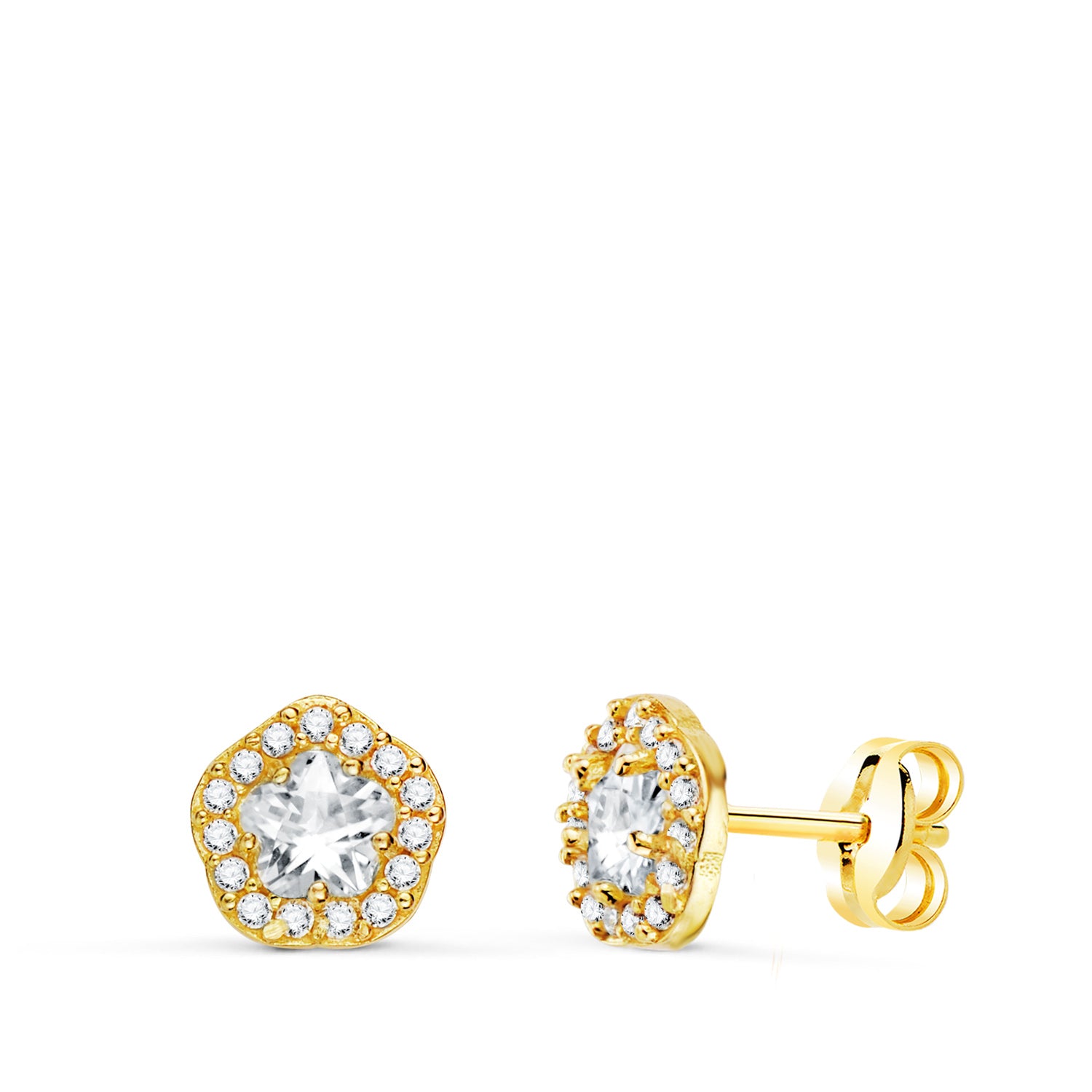 Boucles d'oreilles Or Jaune 18K Fleur Zircone Blanches 7 X 6,5 mm Fermoir Fermoir Pousseettes Papillon