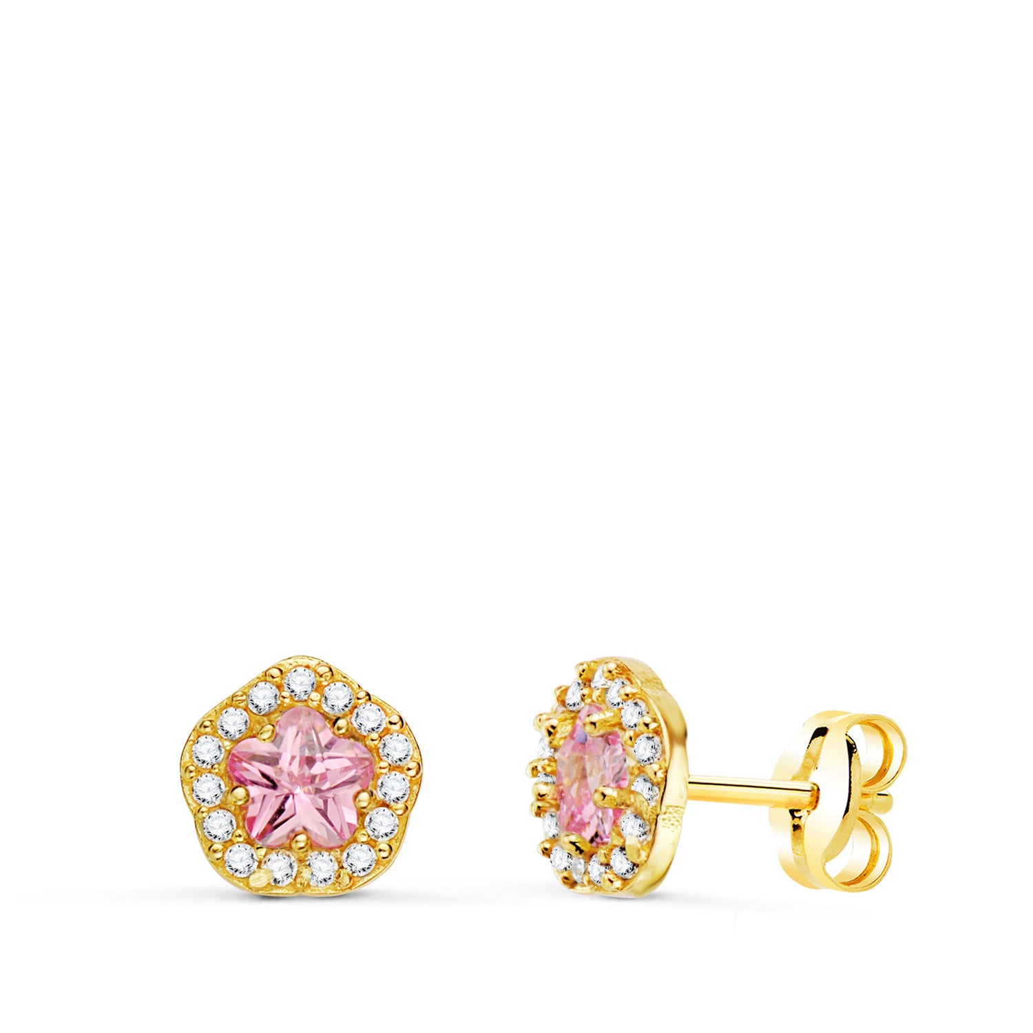 Boucles d'oreilles Or Jaune 18K Fleurs Zircone et Pierre Rose 7 X 6,5 mm Fermoir Fermoir Pousseettes Papillon