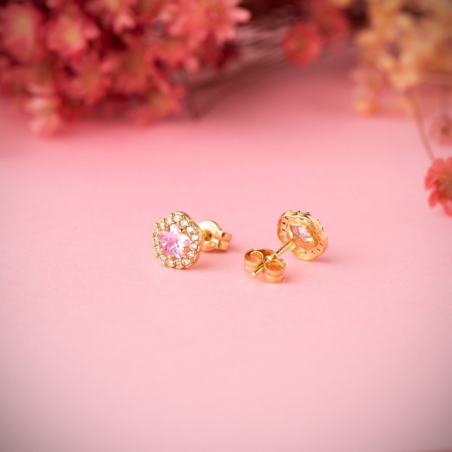 Boucles d'oreilles Or Jaune 18K Fleurs Zircone et Pierre Rose 7 X 6,5 mm Fermoir Fermoir Pousseettes Papillon