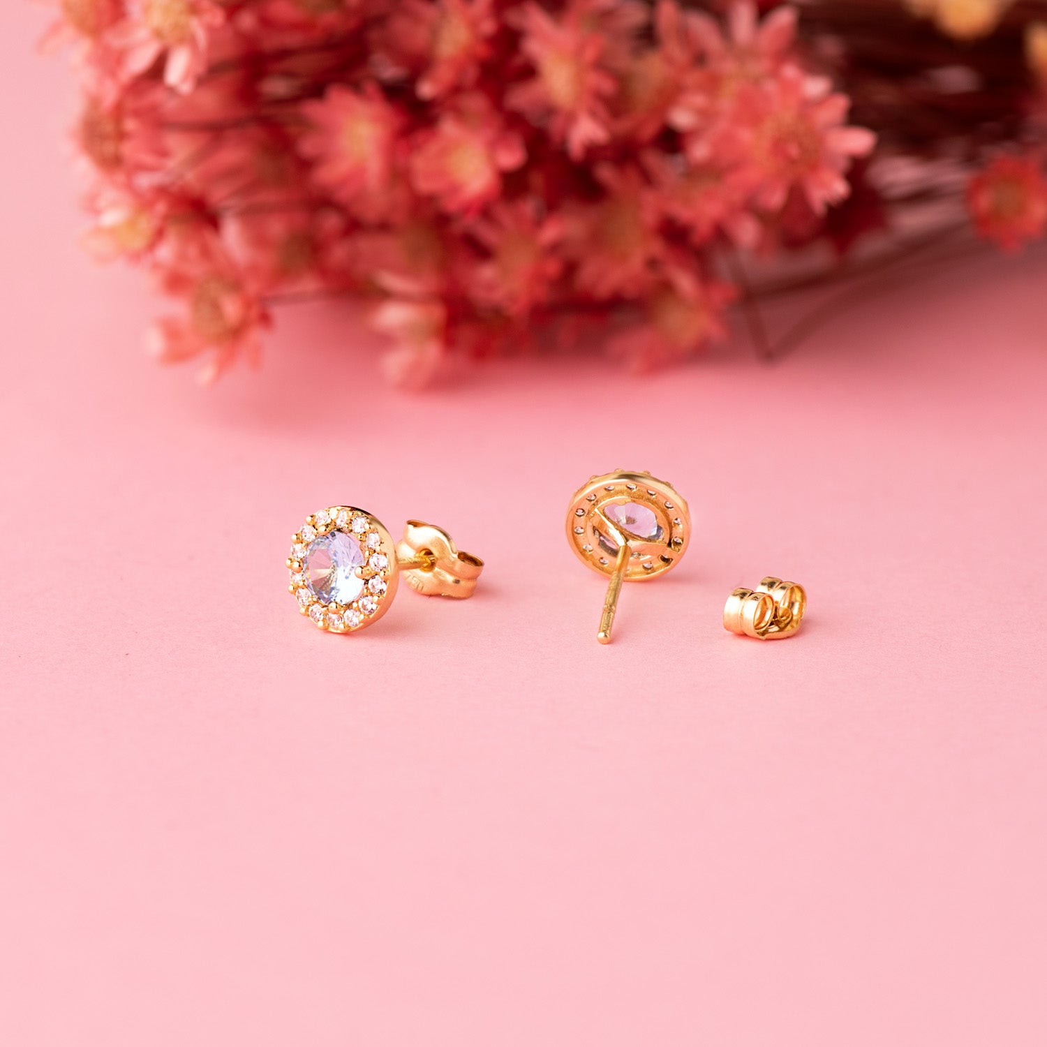 Boucles d'oreilles Or Jaune 18K Zircone Ronde et Eau de Mer Fermoir Poussette Papillon 6,5 mm