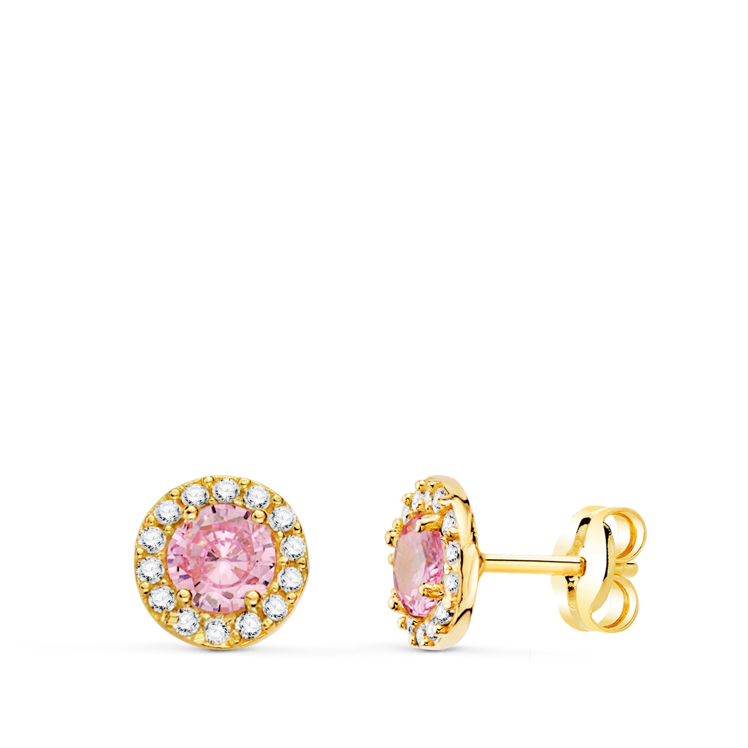 Boucles d'oreilles Or Jaune 18K Zircone Ronde et Pierre Rose 6,5 mm Fermoir Poussette Papillon