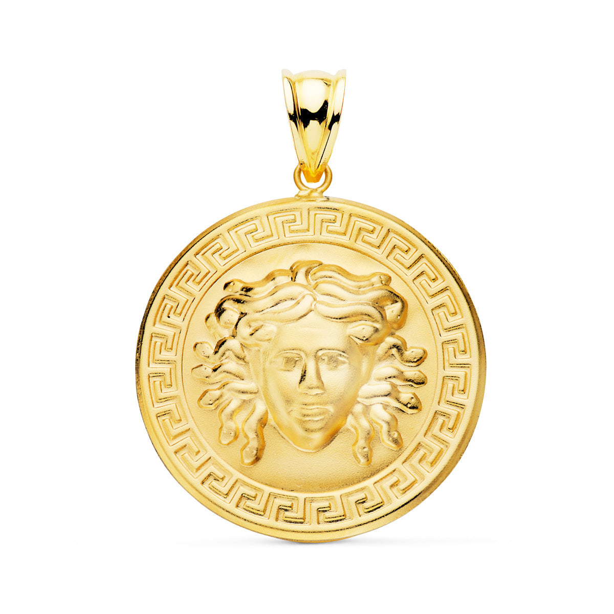 18K Médaille en Or Jaune Meduse et Bord Grecque 25 mm