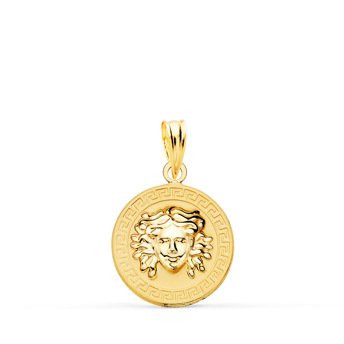18K Pendentif Meduse Entouré Motif Grecque en Or Jaune 15MM