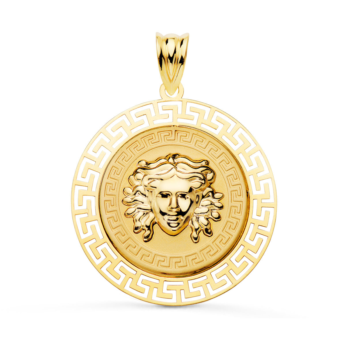18K Pendentif Meduse Entouré Dun Motif Greca en Or Jaune 27 mm