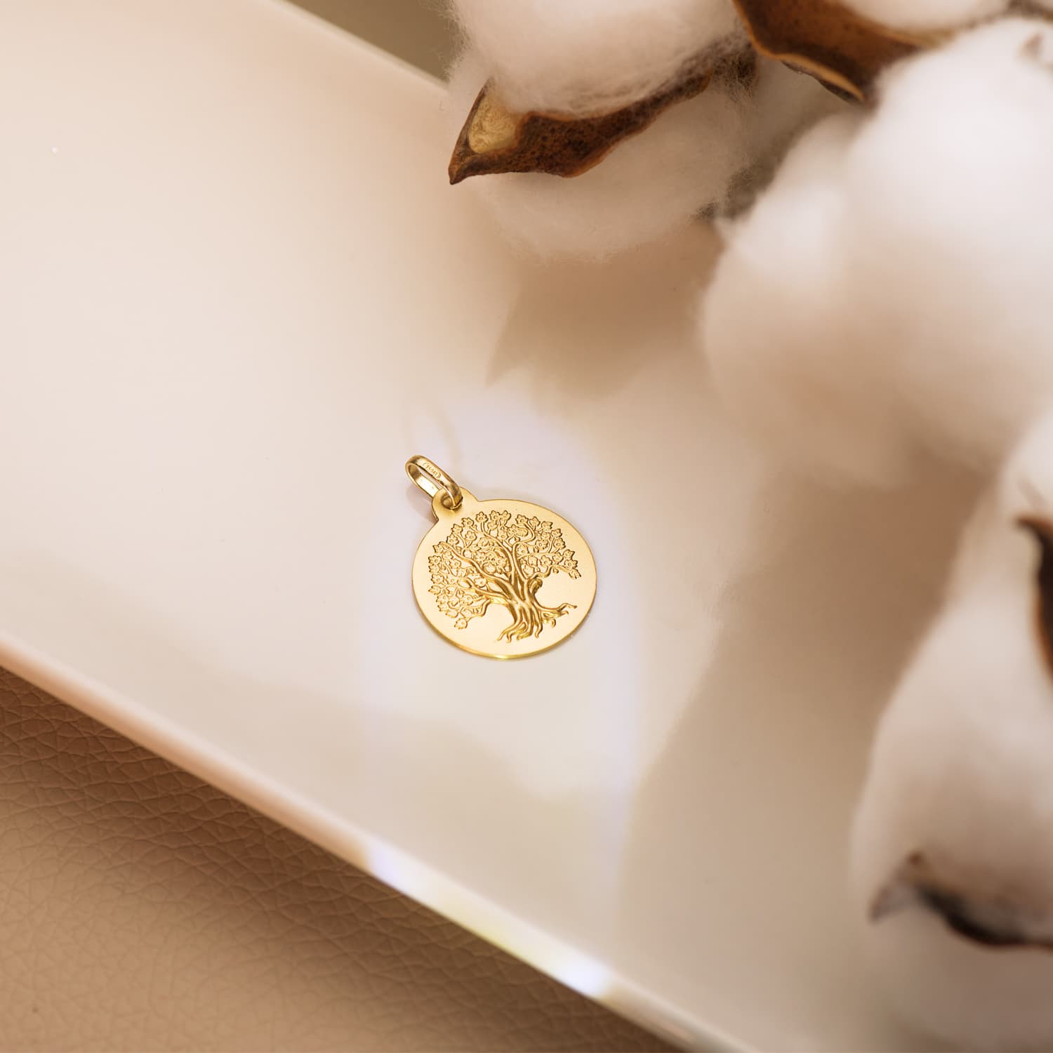 18K Médaille en Or Jaune Arbre de Vie Mate. 18 mm