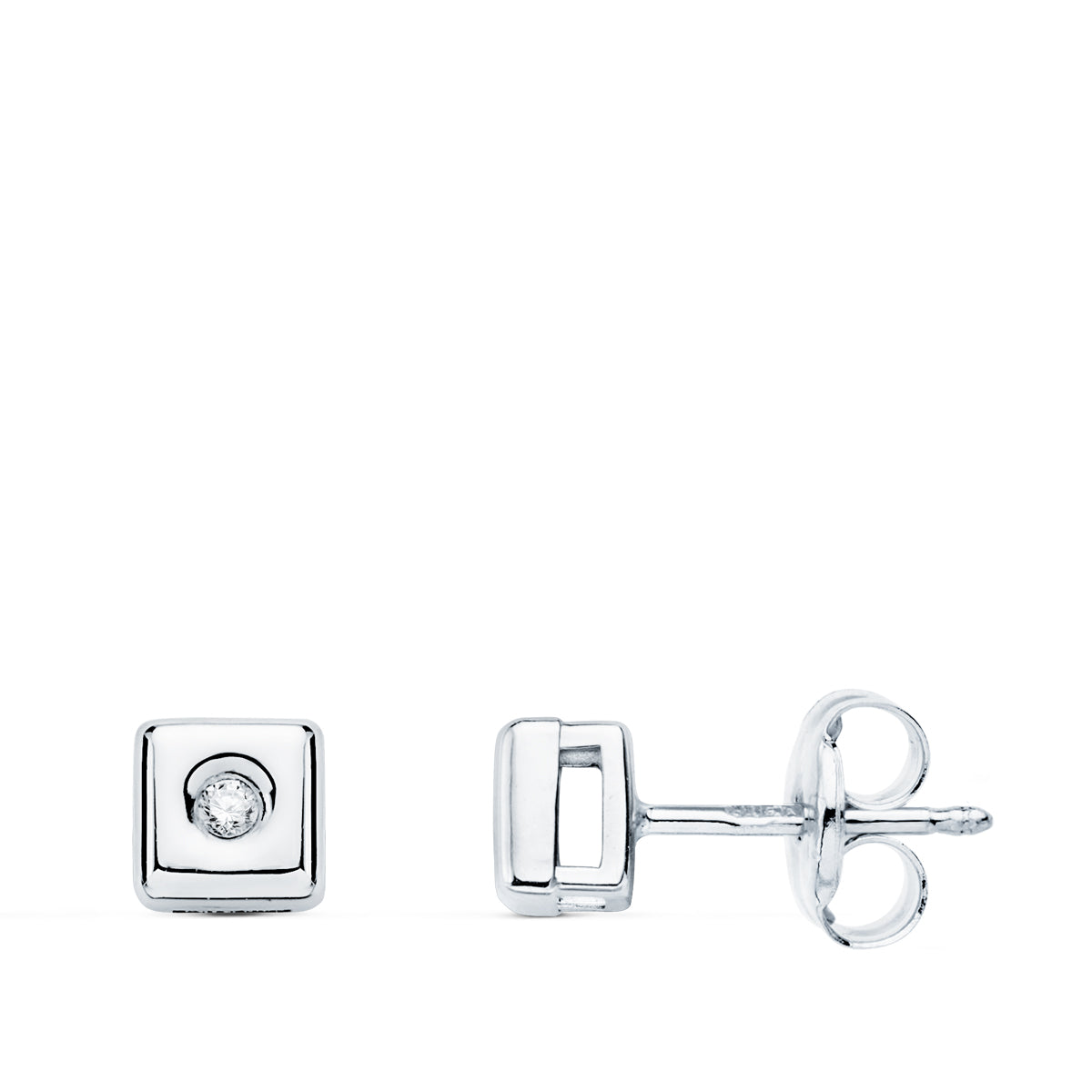 Boucles d'oreilles Chaton en Or Blanc 18K Diamants de Laboratoire Carrés 0.030 Cts G-VS2 5 mm Fermeture à Pression