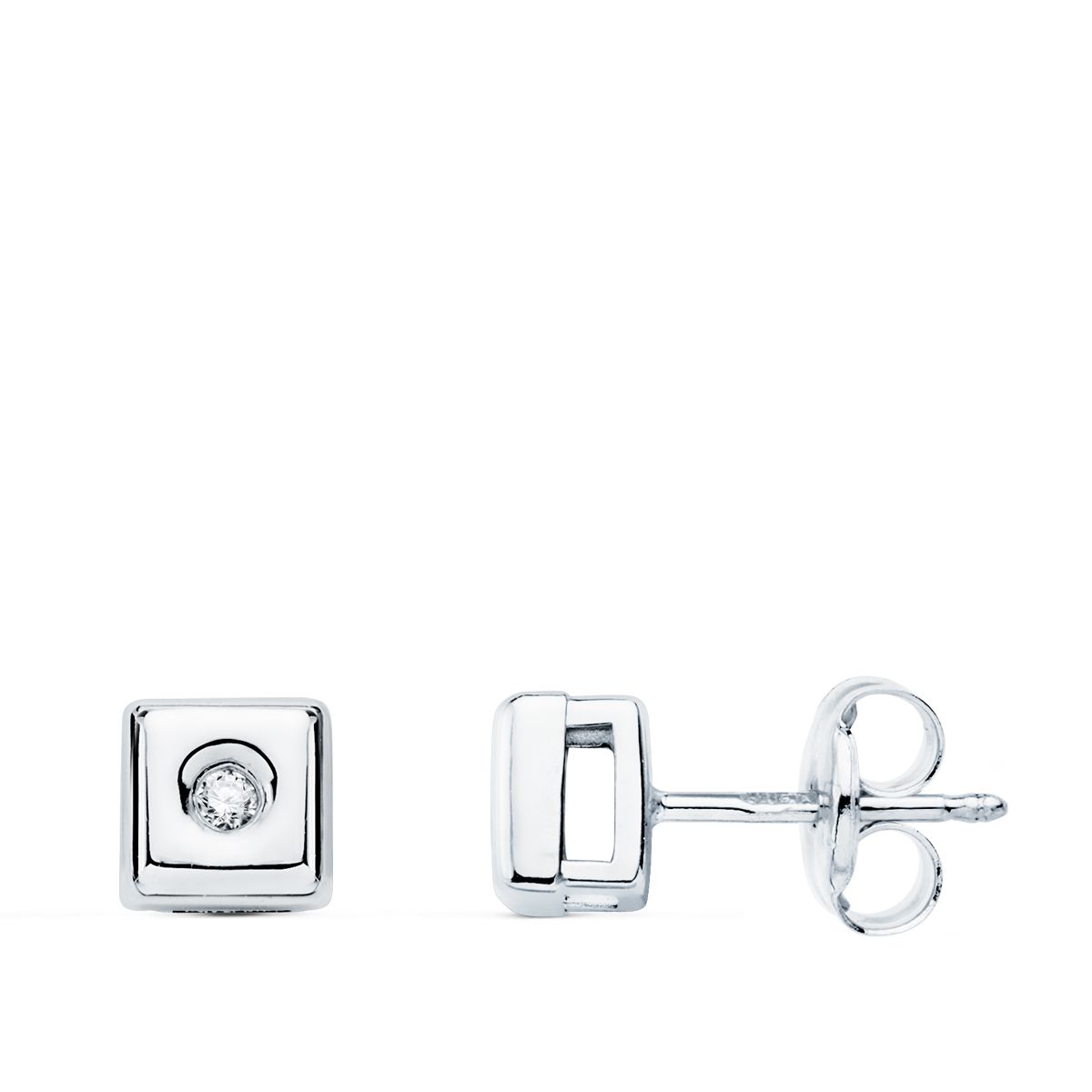 Boucles d'oreilles Chaton Carré 18K Or Blanc Lab Diamants 0.040 Cts G-VS2 Fermoir 5.5 mm