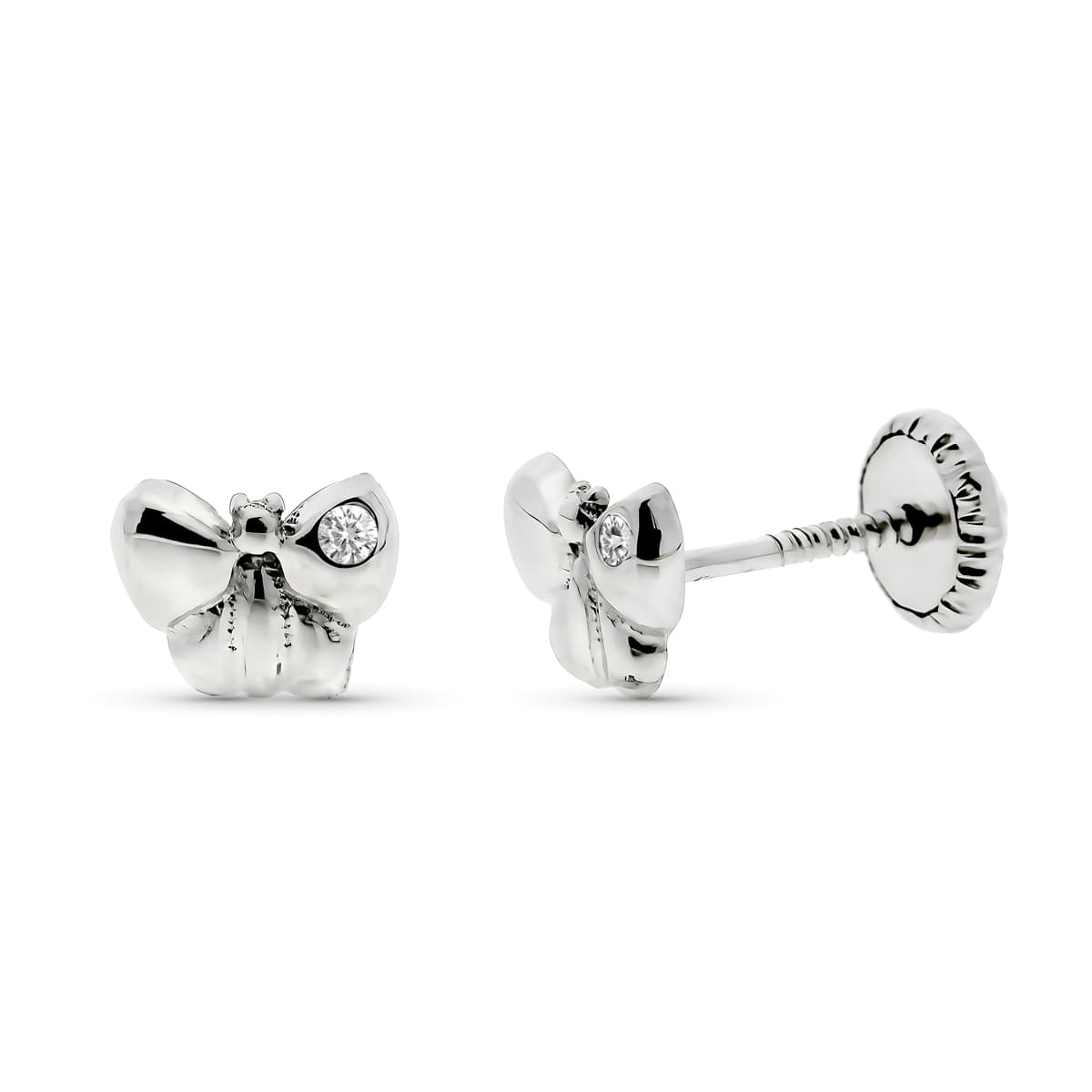9K Clous d'oreilles Papillons en Or Blanc Diamants 0.016 Ct Si-h 4 mm Fermoir à Vis