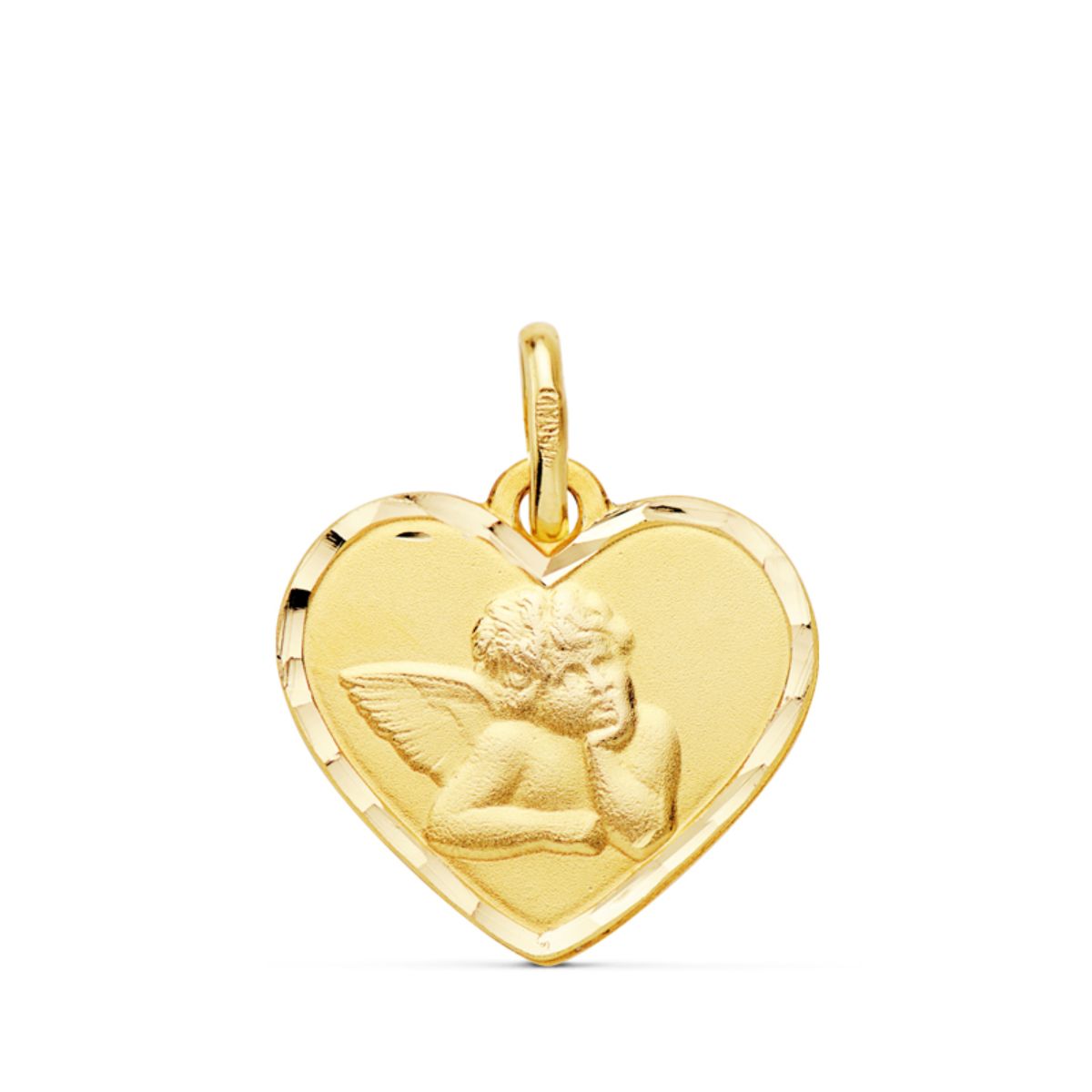 Médaille en Or Jaune 18K Coeur Ange Moqueur Bords Sculptés 14 mm