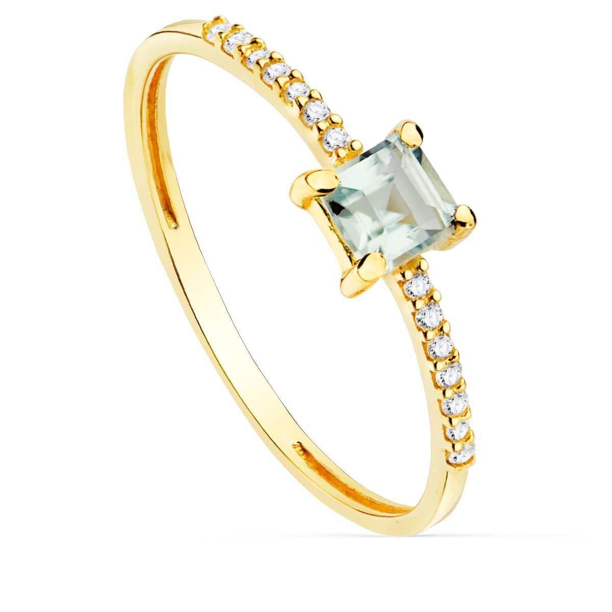 Bague Or Jaune 18K 14 Diamants 0070 Qts G-VS2 Aigue-marine 4X4 mm Largeur 1 mm