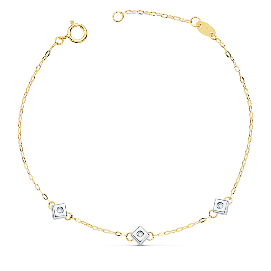 Pulseira Chaton em ouro bicolor 18K com 3 diamantes com diamantes de laboratório VS2-G de 0,045 quilates Comprimento: 17 cm