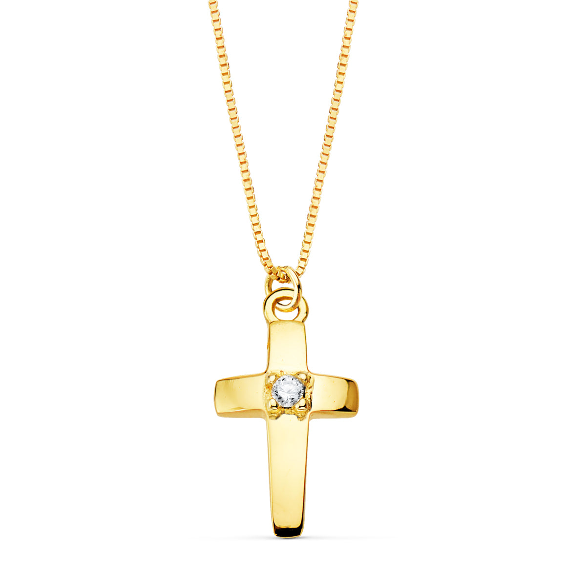 Collier Or Jaune 18K Croix 12X7 mm 1 Diamant de Laboratoire 0,015 Ct Chaîne Vénitienne 45CM G-VS2