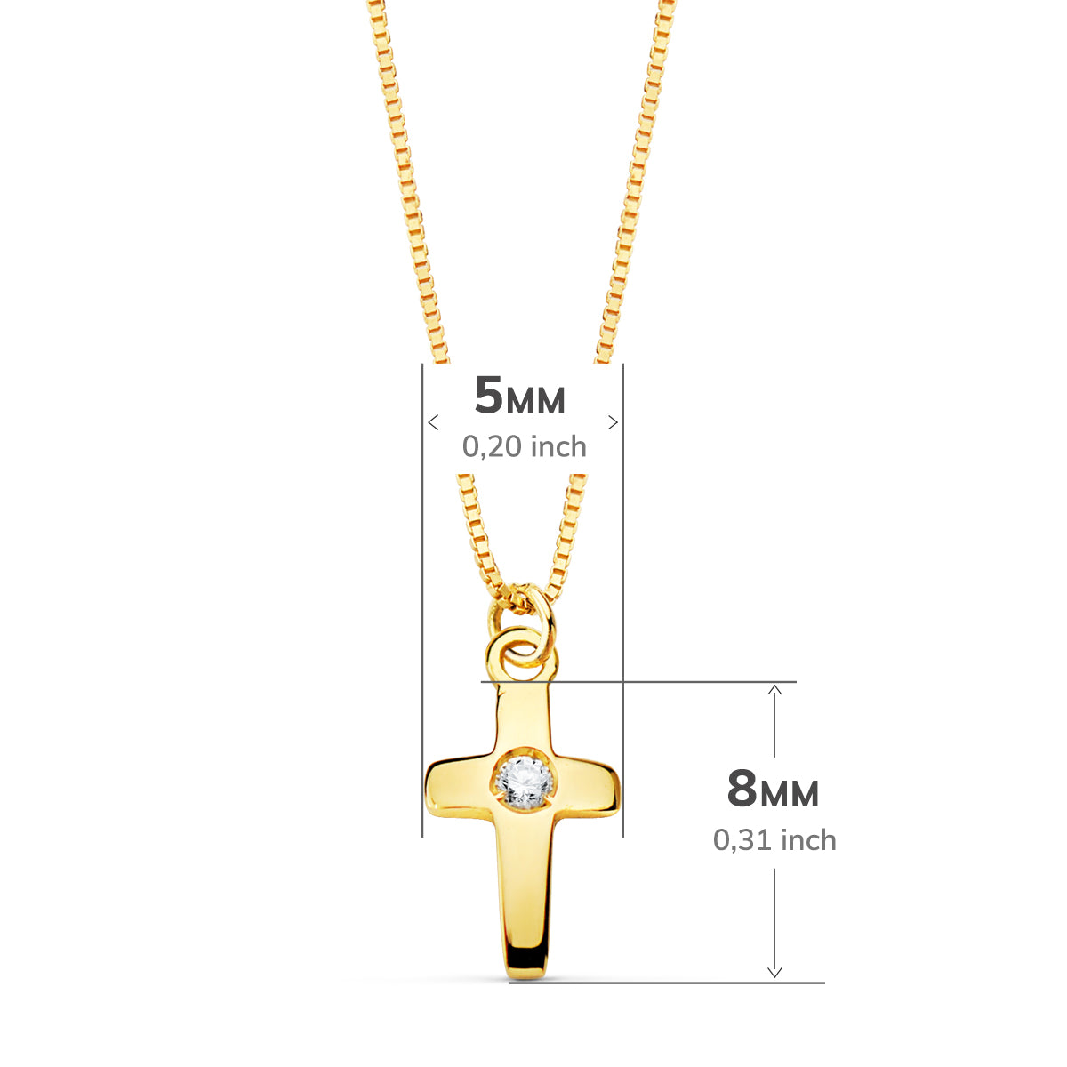 Collier Croix en Or Jaune 18K 8 X 5 mm Diamant Lab 0,015 Ct Chaîne Vénitienne 45CM G-VS2