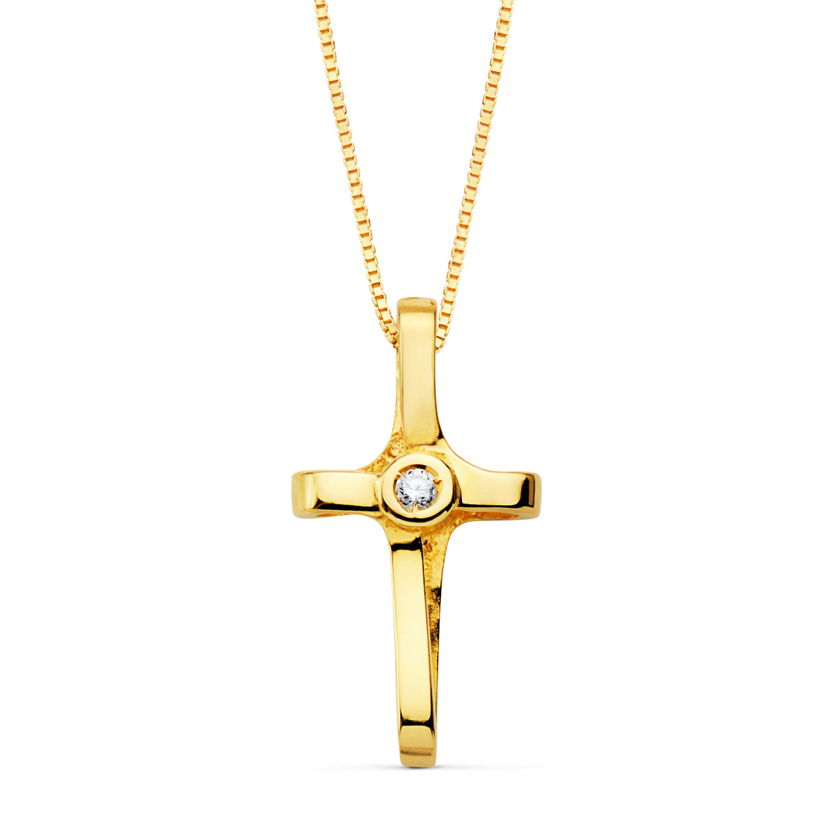 Collier Or Jaune 18K Croix 16 X 85 mm Diamant Lab 0,015 Qt Chaîne Vénitienne 45CM G-VS2