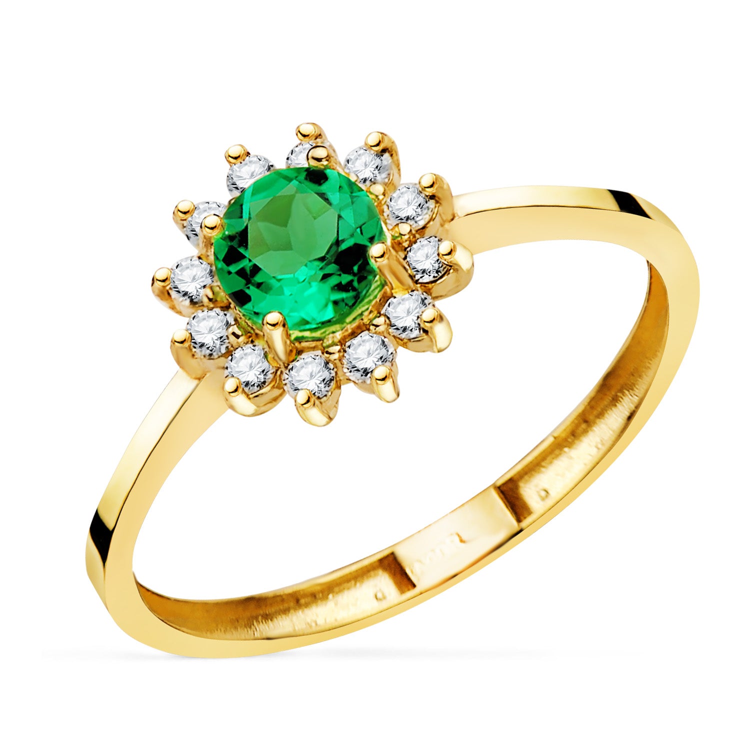 18K Yellow Ring with 5 mm 0.48 Ct Recrystallized Emerald and 0.17 Ct G Lab Diamonds - VS2