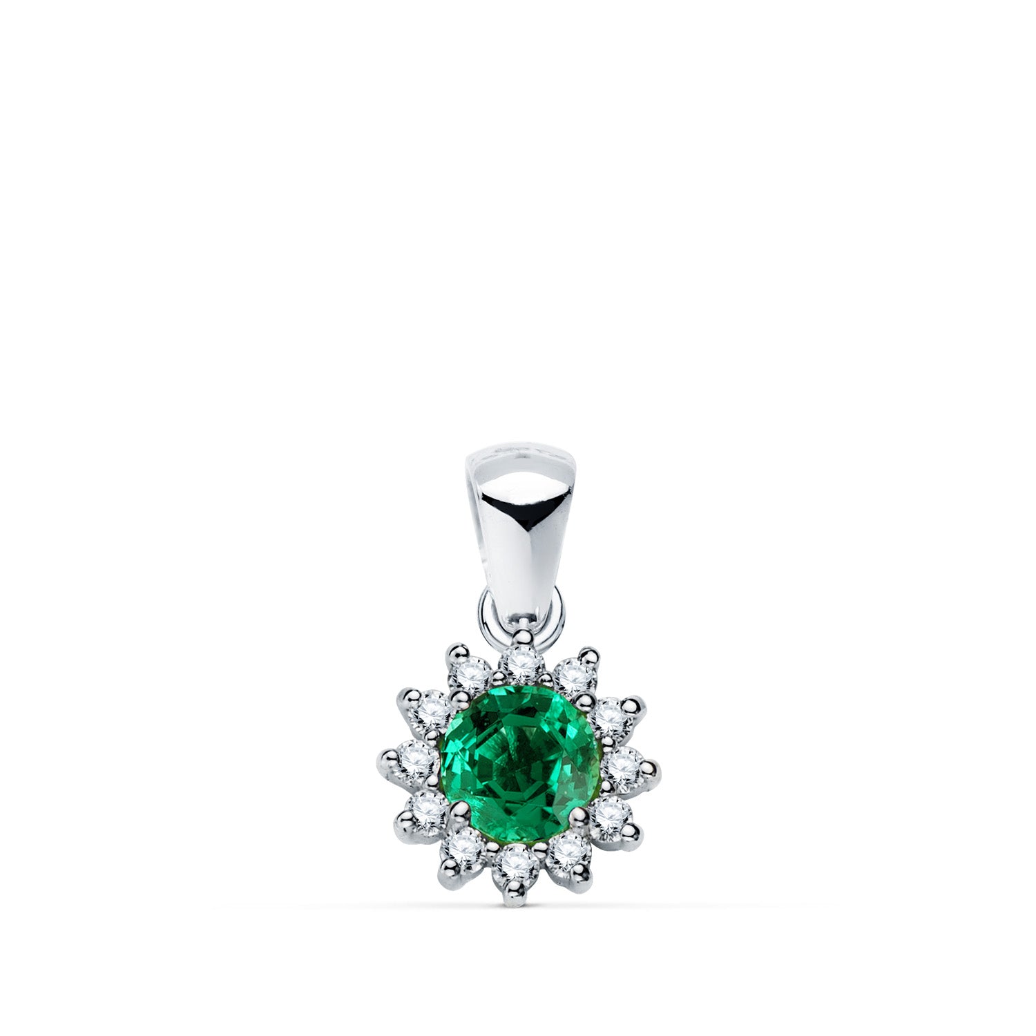 Pendentif en Or Blanc 18K12 Diamants de Laboratoire et Émeraude 5 mm 0.48 Qt 0.170 Qts VS2-G 9 mm