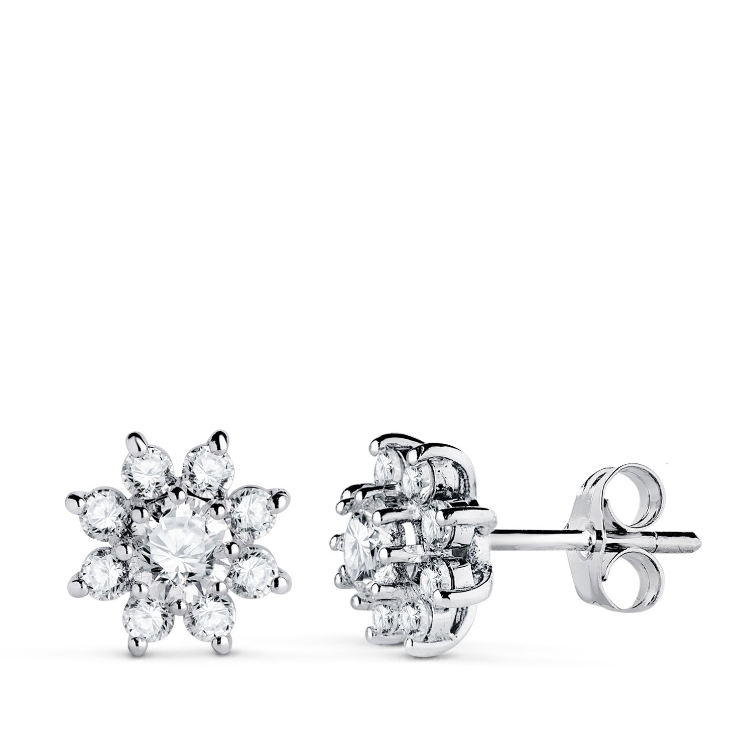 Boucles d'oreilles en Or Blanc 18 Carats avec 18 Diamants 1,00 Ct Lab, G-VS2 9X9 mm Fermeture à Pression