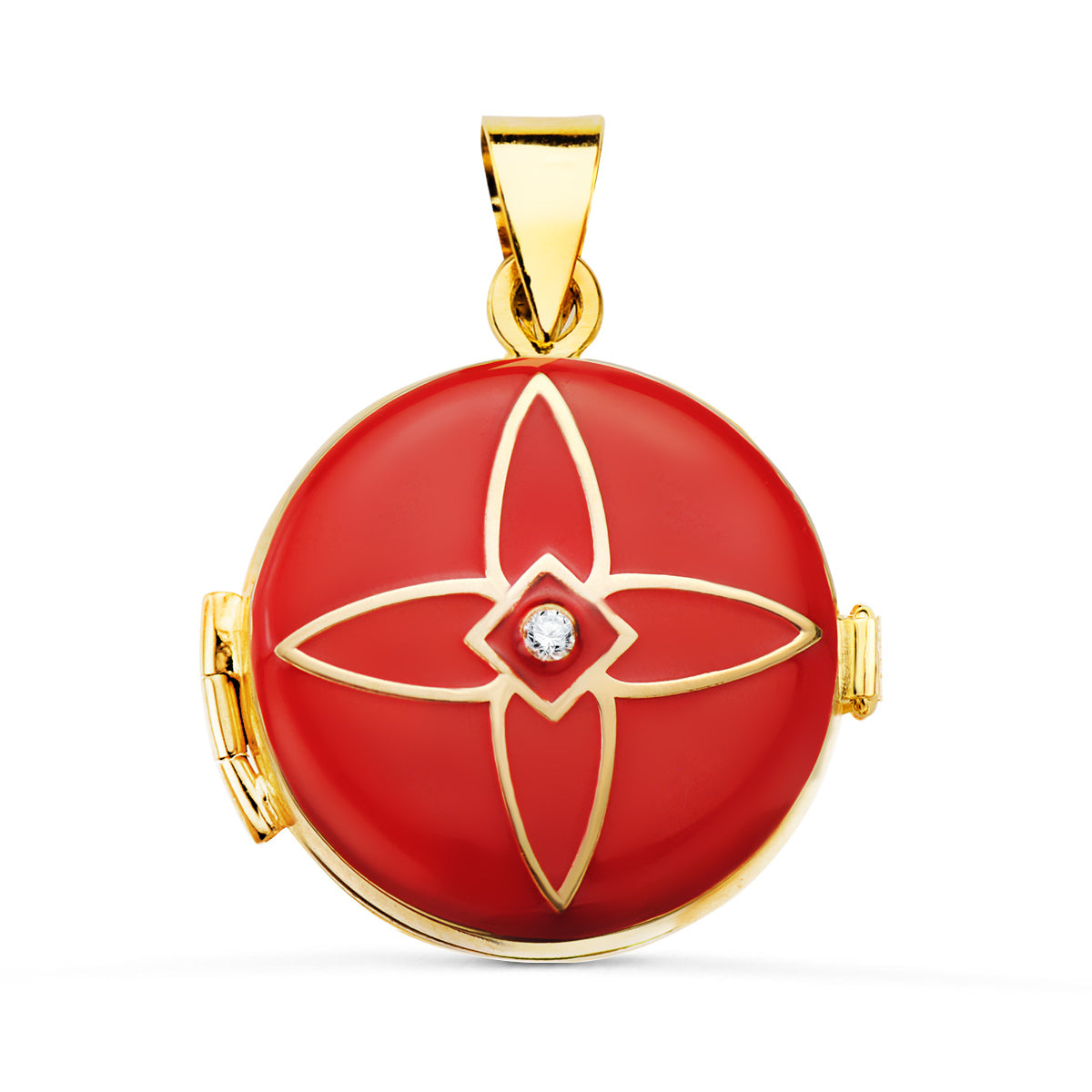 Pendentif Porte Photo 18K Or Jaune Looker Rond Émail Rouge Diamant Pendentif 0035 Qtes 21 mm