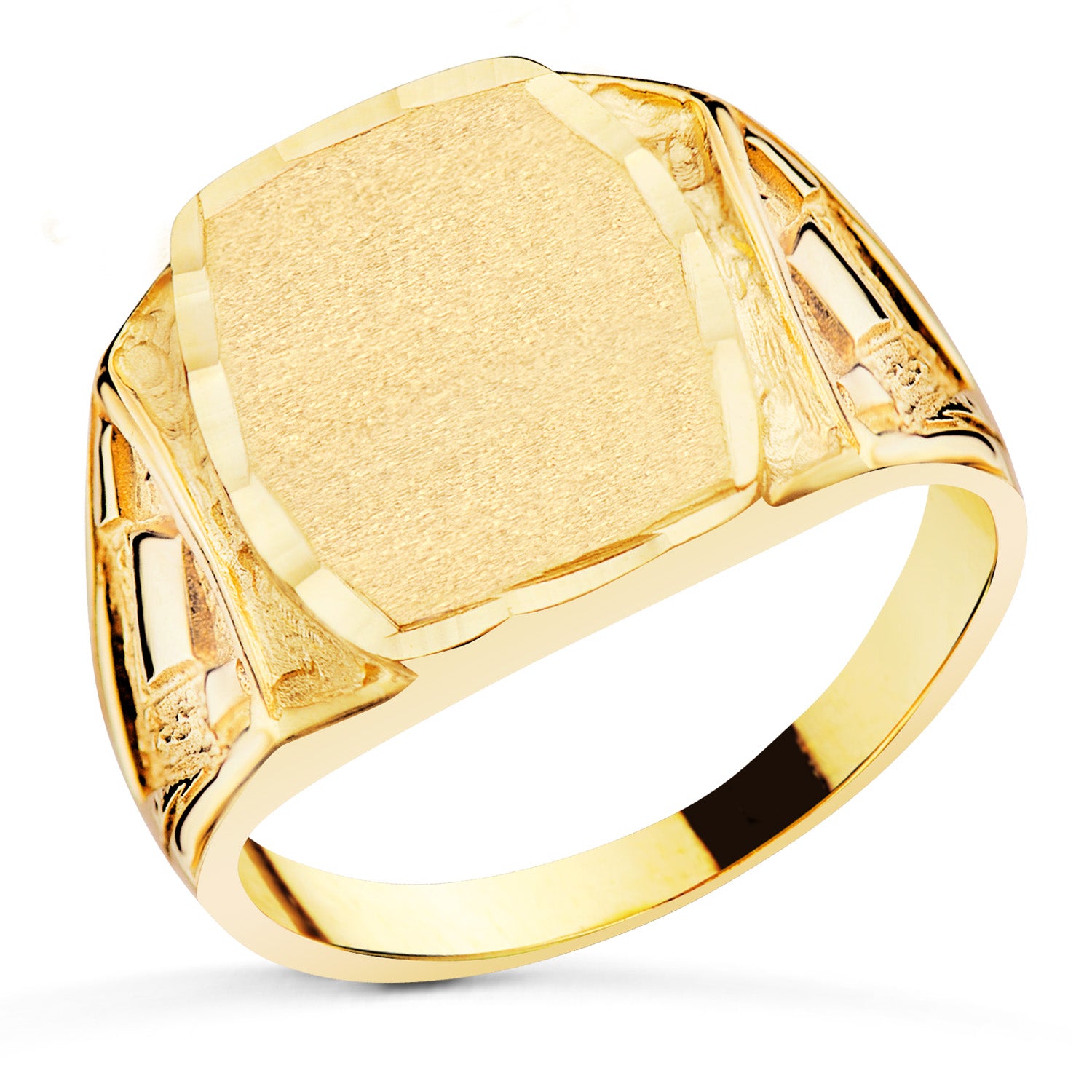 18K Solid Yellow Gold Chiseled Rectangular Signet Ring 15X12MM