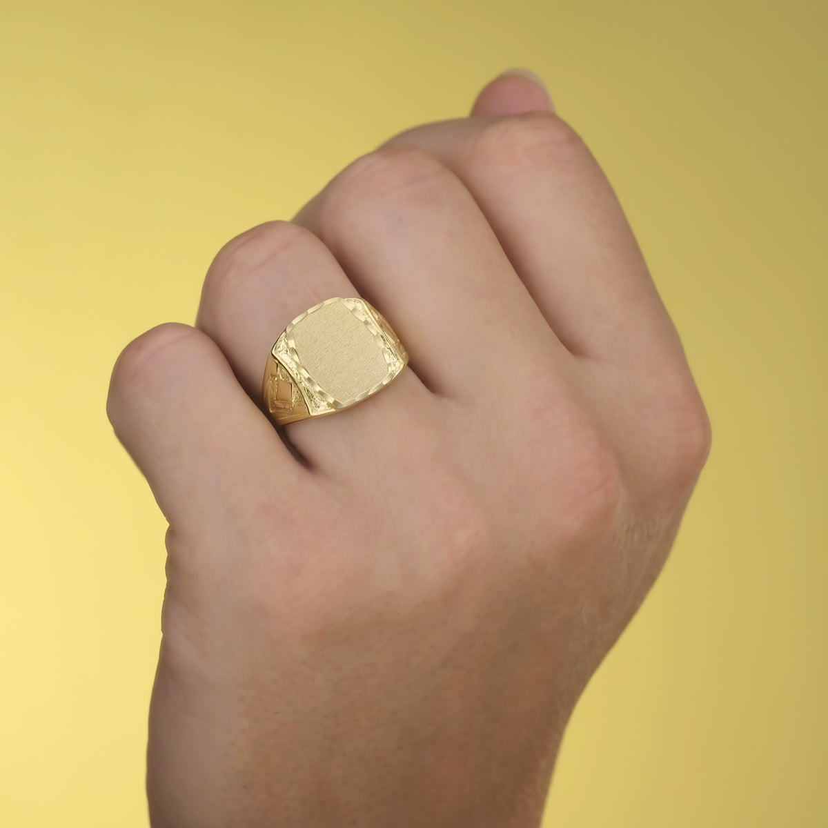 18K Solid Yellow Gold Chiseled Rectangular Signet Ring 15X12MM