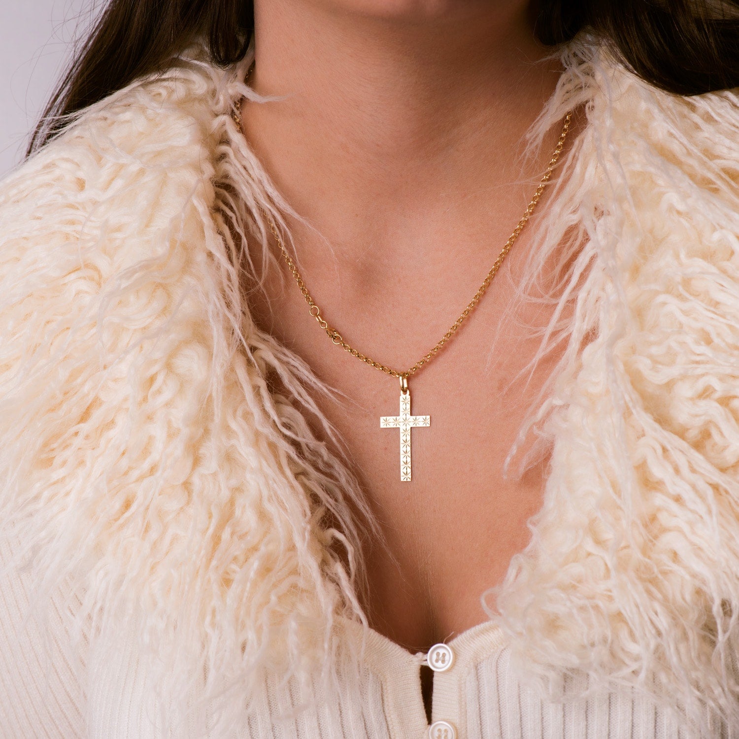 18K Pendentif Croix Facettée 35X19MM