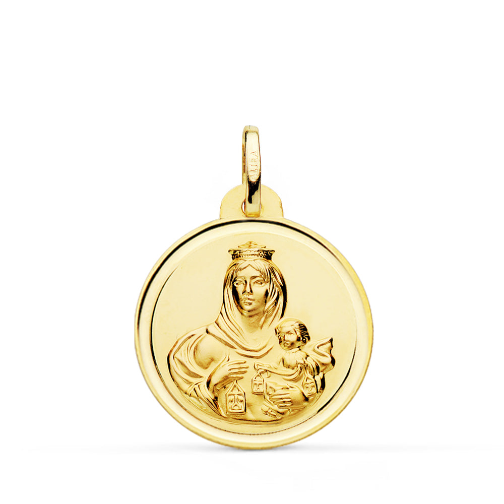 Lunette en Or Jaune 9K Scapulaire Virgen Del Carmen Corazon de Jesus 22 mm