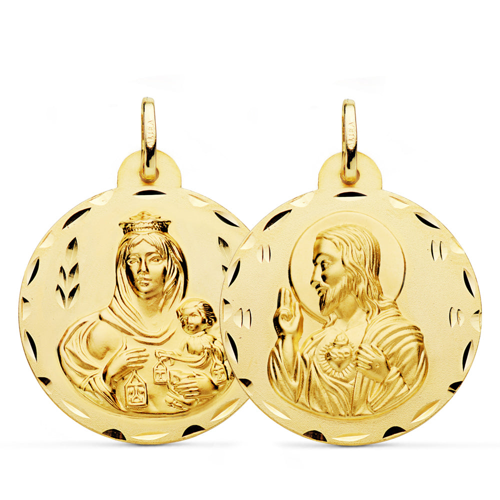18K Médaille Scapulaire Vierge du Mont Carmel et Coeur de Jésus 28 mm