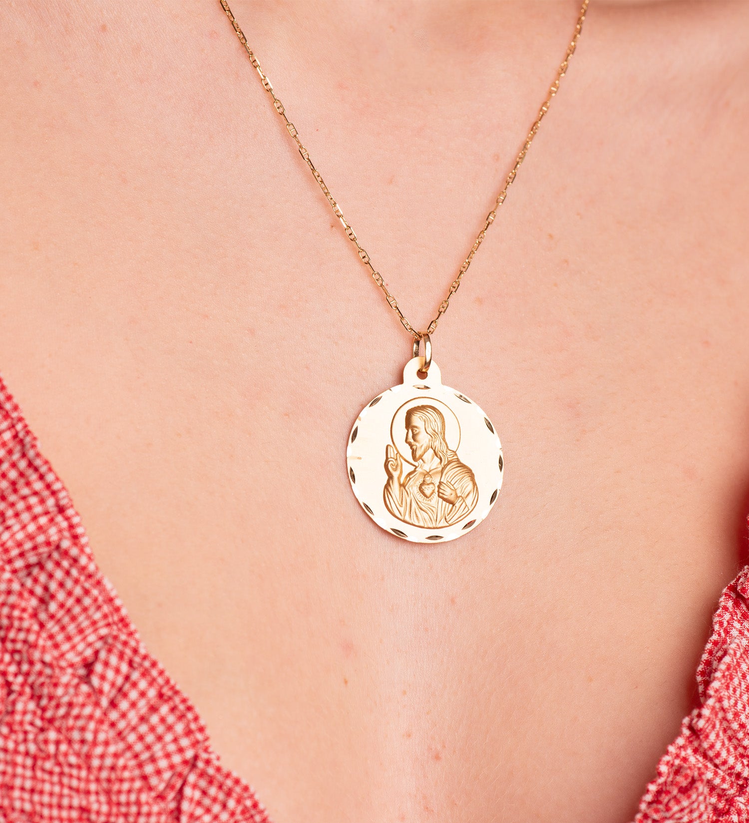 18K Médaille Scapulaire Vierge du Mont Carmel et Coeur de Jésus 30MM