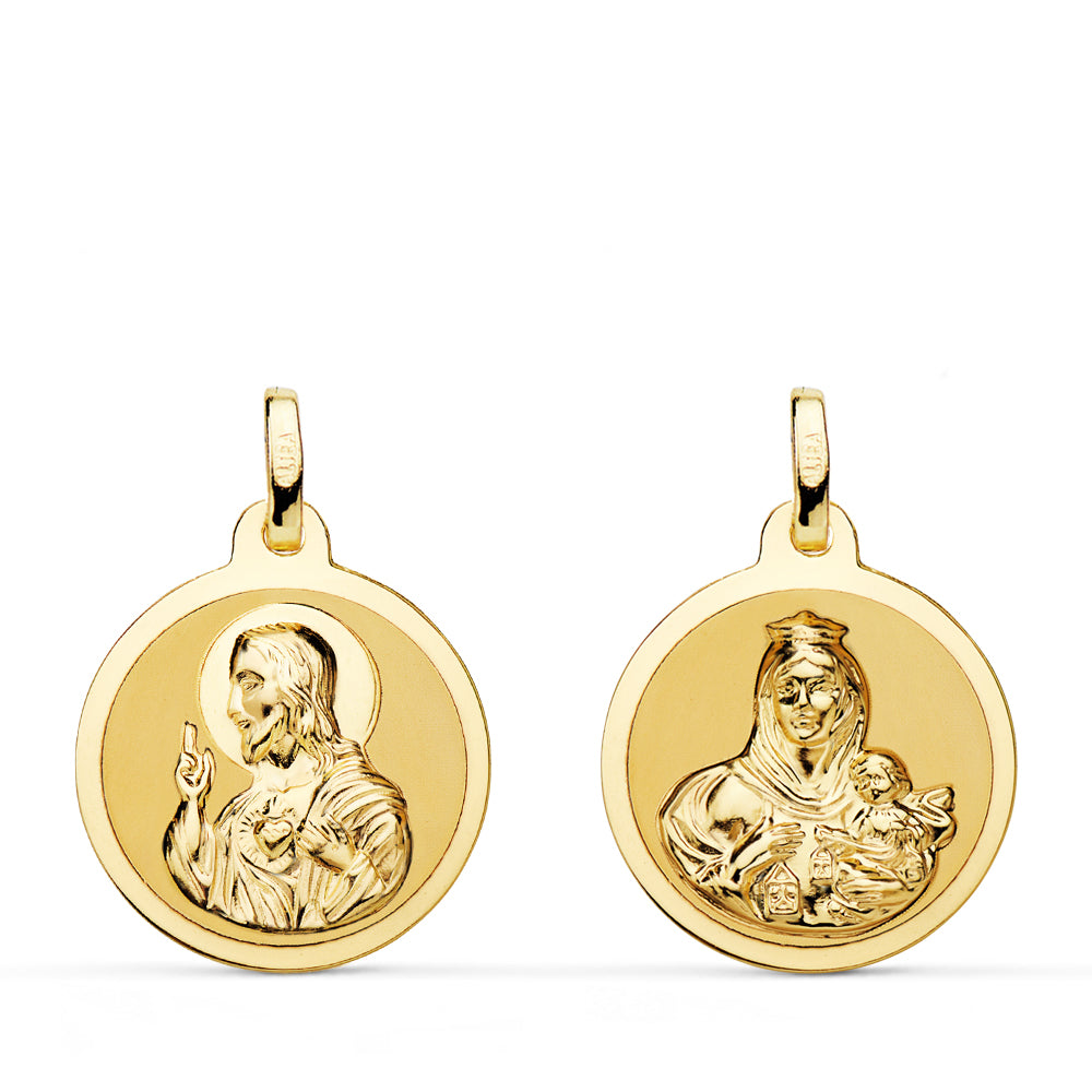 Escapulário da Virgem de Carmen e Coração de Jesus em Ouro Amarelo 18K Brilhante 18 mm