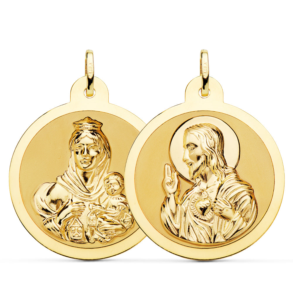 Scapulaire Vierge du Carmen et C?ur de Jésus en Or Jaune Brillant 18K 30 mm
