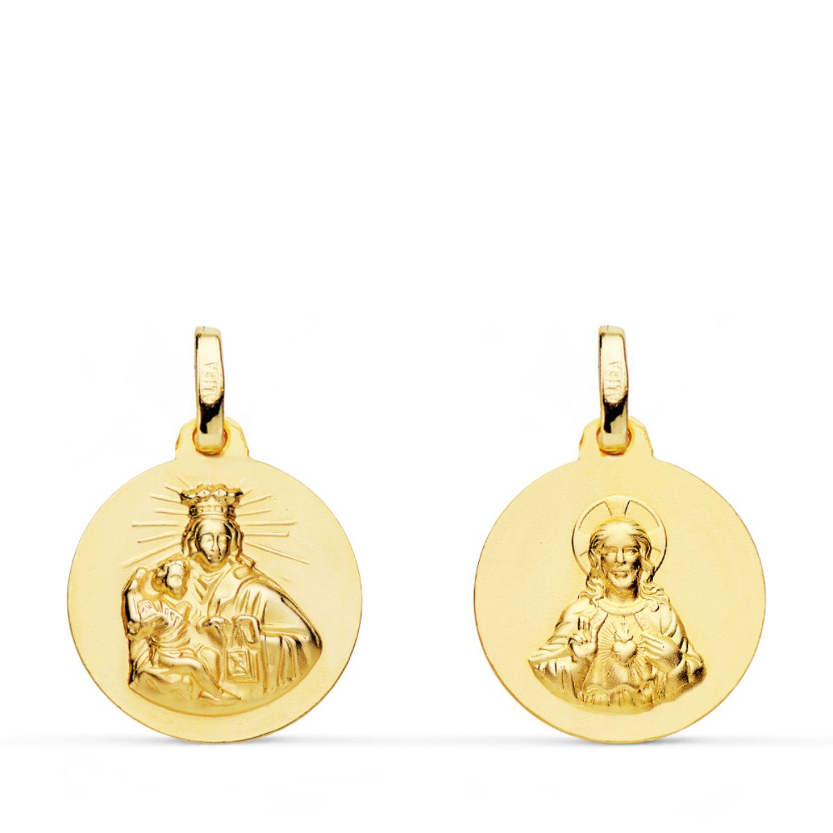 Scapulaire en Or Jaune 9K Vierge du Carmen et Coeur de Jésus Uni 16 mm