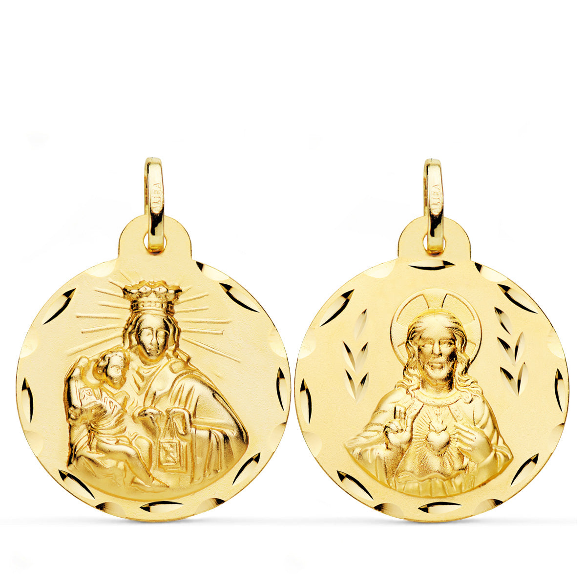 Escapulário Coração de Jesus e Virgem de Carmo Escapulário em ouro amarelo 18K 24 mm