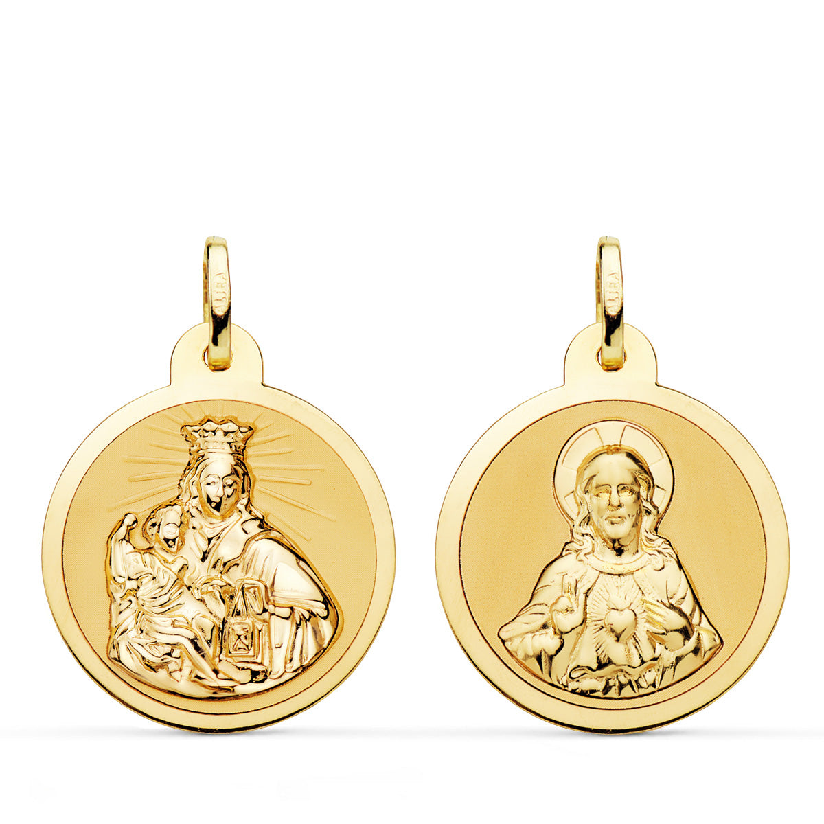 18K Médaille Scapulaire Vierge du Mont Carmel et Coeur de Jésus 22MM