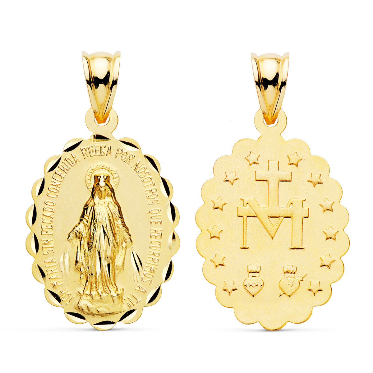 18K Médaille Vierge de la Miraculeuse Ovale Facettée 25X18 mm